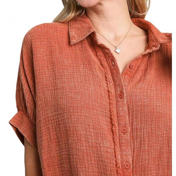 NEW UMGEE cotton gauze mineral wash button down top in orange - Picture 4 of 4